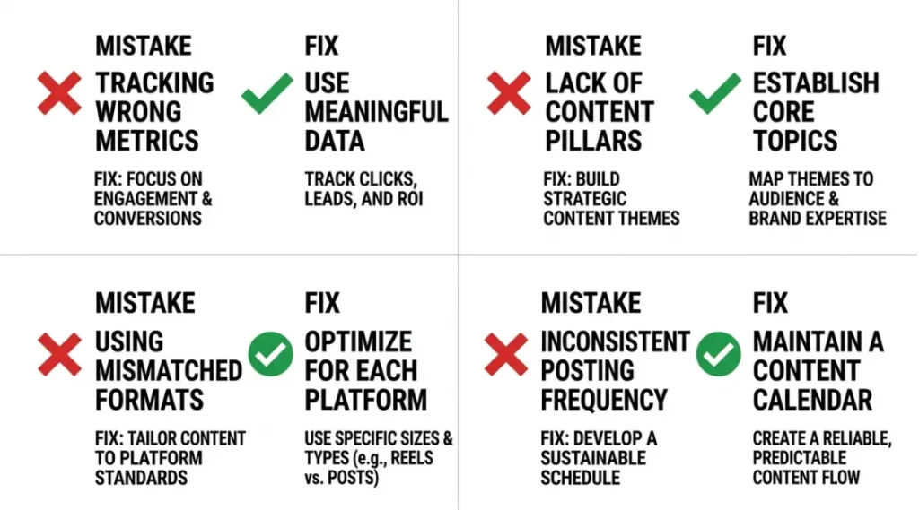 Four common social media content strategy mistakes including wrong metrics, no pillars, format mismatch, and frequency errors