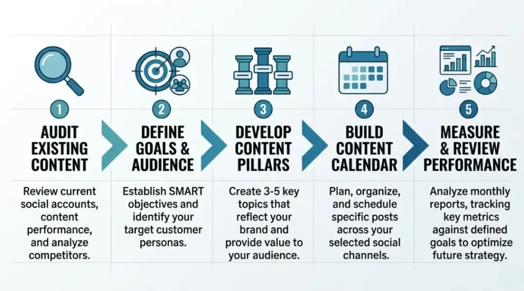 Five-step process for building a social media content strategy from audit to monthly performance review