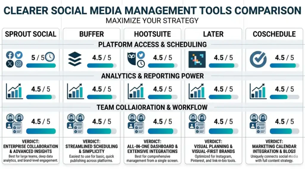 Side-by-side comparison of social media content strategy tools: Sprout Social, Buffer, Hootsuite, Later, and CoSchedule