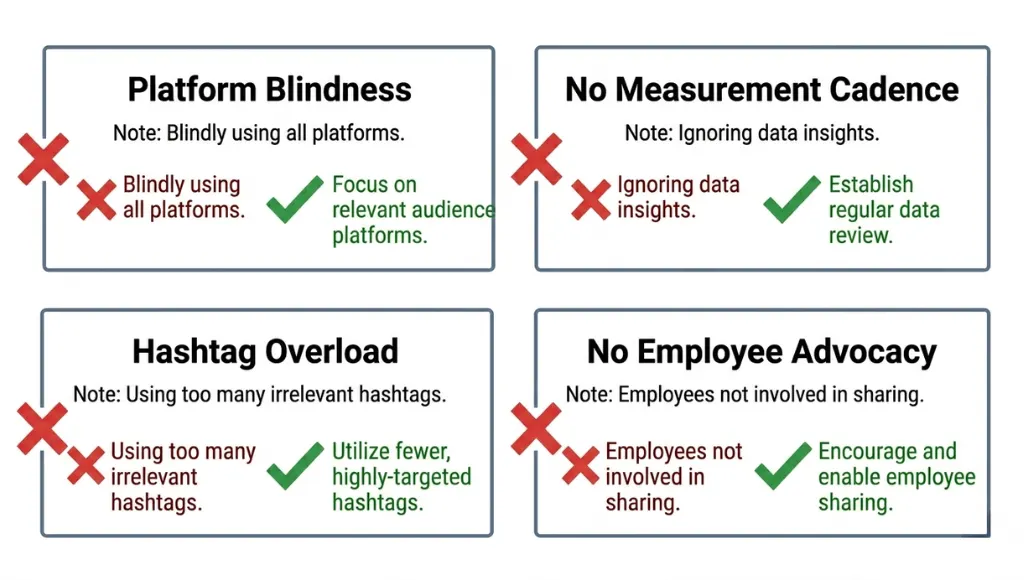 Four common social media marketing mistakes to avoid in 2026, showing error panels with correct alternatives beside each