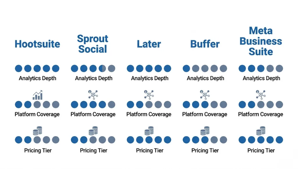 Comparison of top five social media marketing tools for 2026 including Hootsuite, Sprout Social, Later, Buffer, and Meta Business Suite