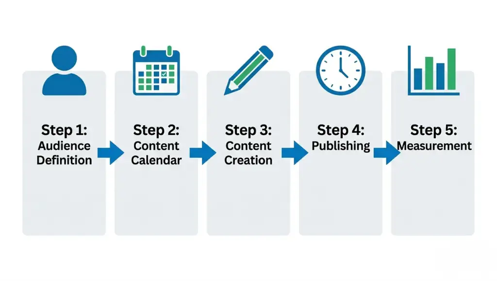 Step-by-step social media marketing process showing five stages from audience definition to monthly measurement