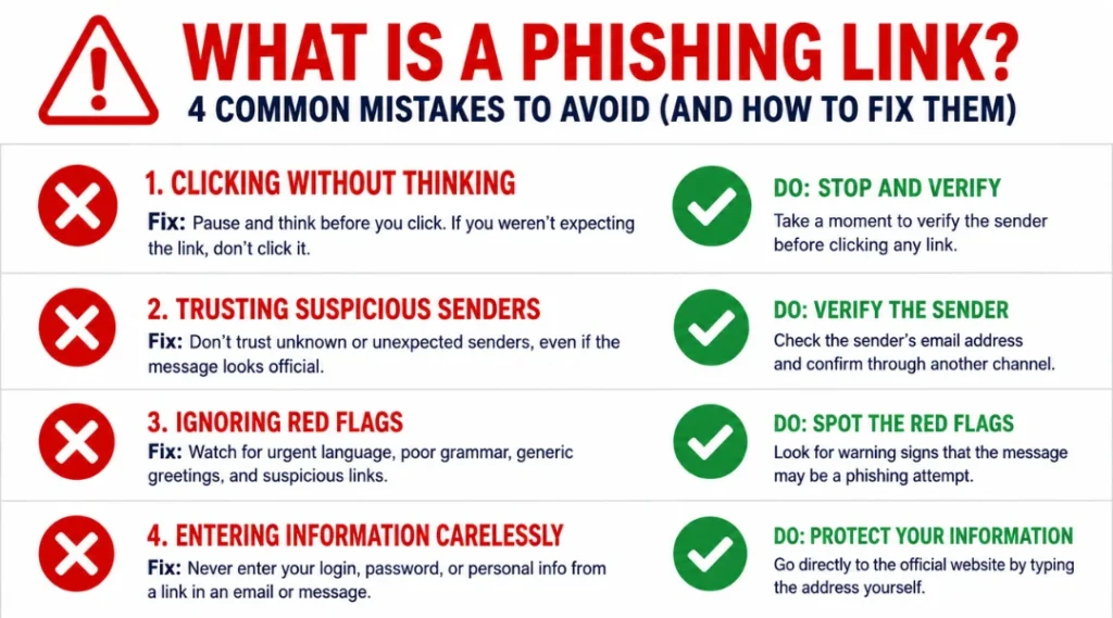 Warning infographic showing four common phishing link mistakes and how to fix each one