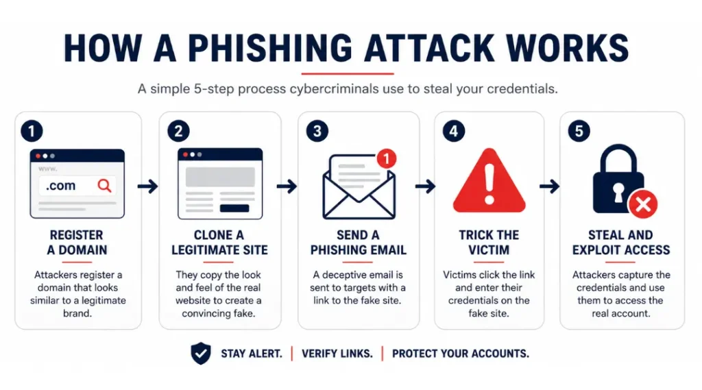 Step-by-step diagram showing how a phishing link attack works, from fake domain to credential theft