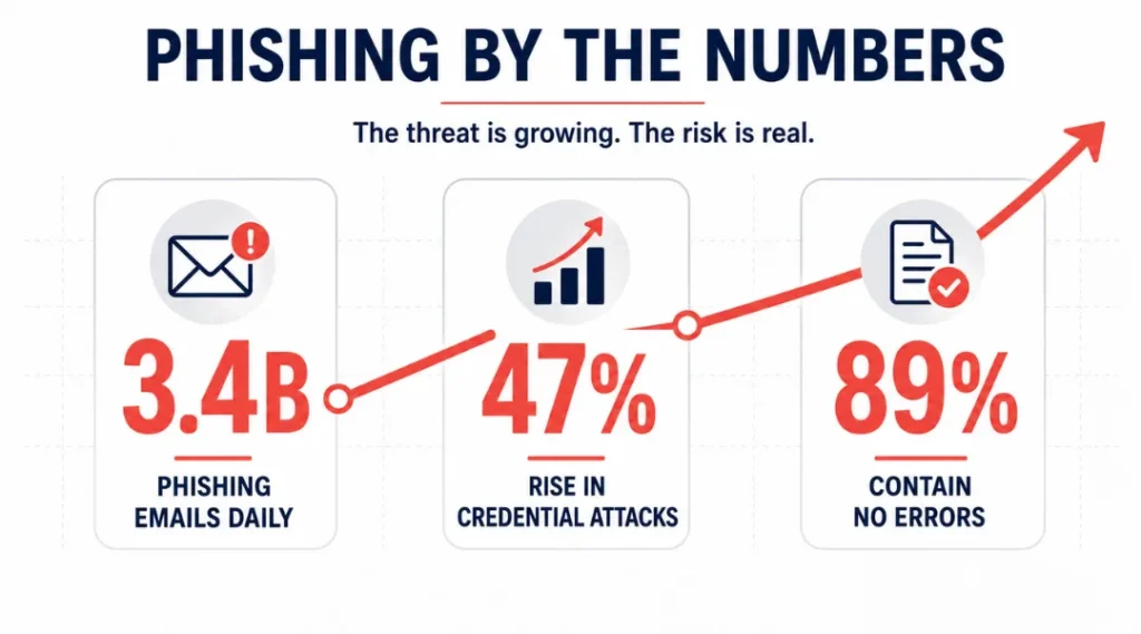 Infographic showing rising phishing attack statistics in 2026 and why phishing links are more dangerous than ever