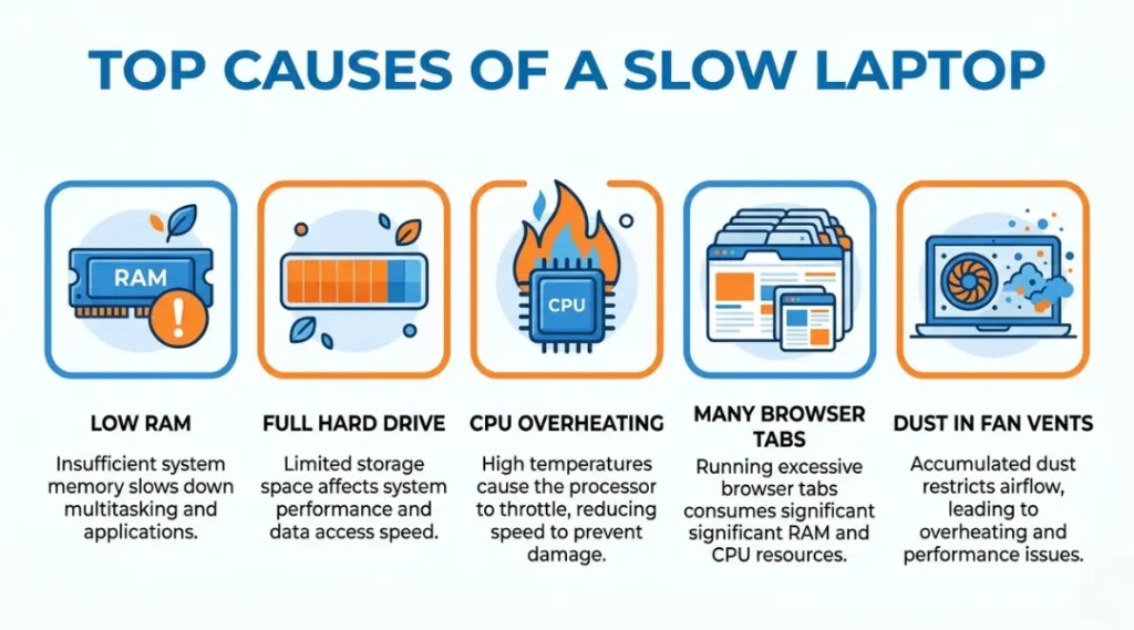 Common reasons why a laptop is so slow in 2026, including RAM overload, full storage, and background processes