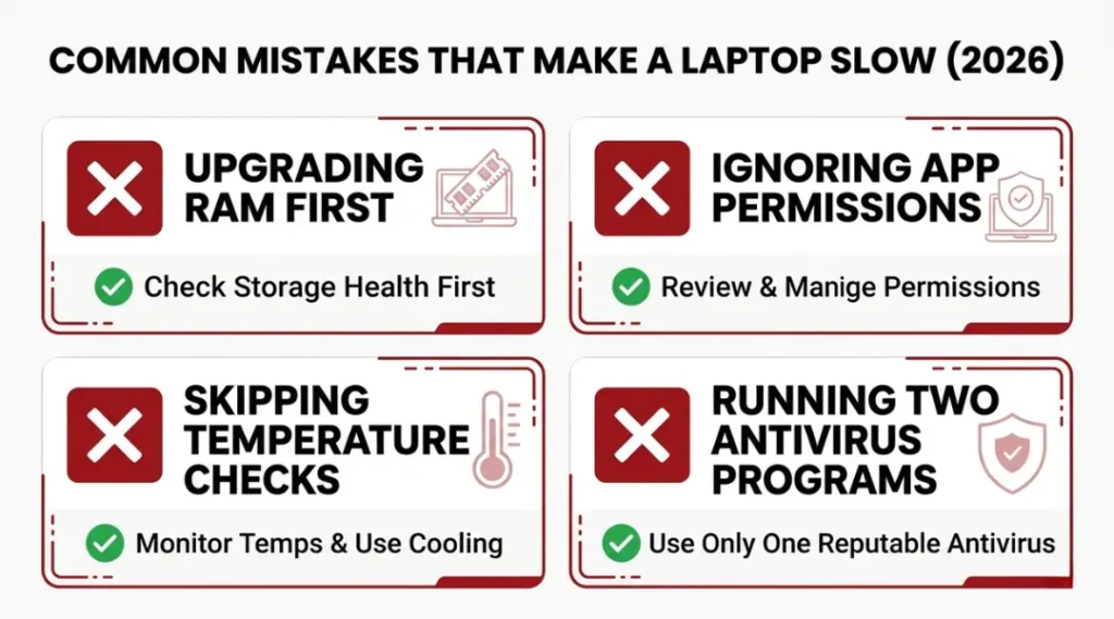 Common mistakes that make a laptop slow in 2026, including running multiple antivirus programs and ignoring temperature