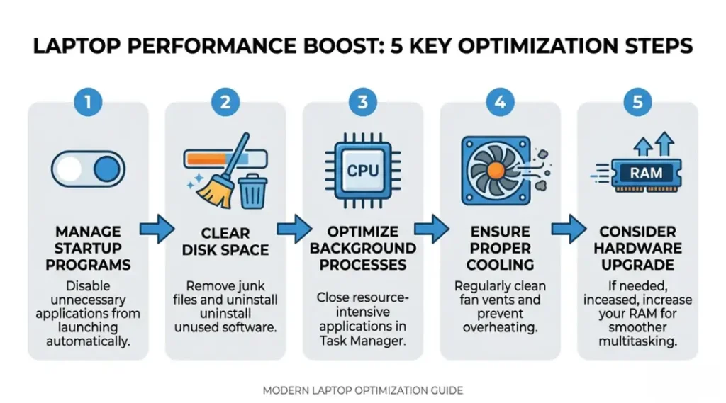 Step-by-step process to fix a slow laptop, from disabling startup programs to upgrading RAM