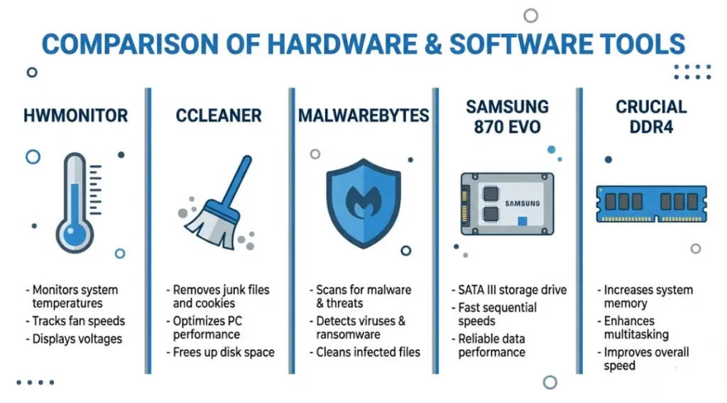 Comparison of the best tools to fix a slow laptop in 2026, including HWMonitor, CCleaner, and Samsung SSD