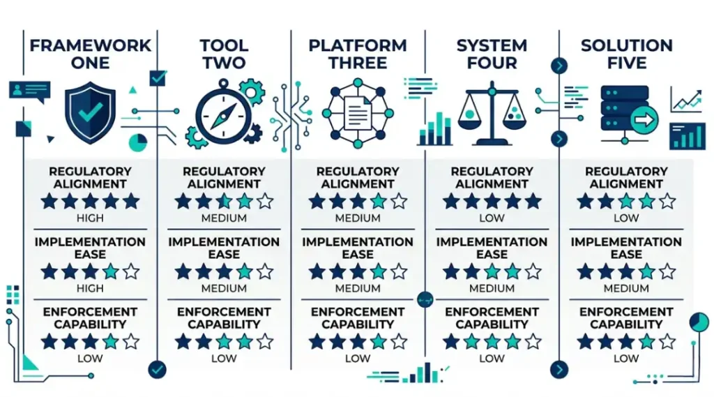 Comparison of top AI governance frameworks and tools including NIST AI RMF, EU AI Act, ISO 42001, Arthur AI, and Aporia for enterprise AI oversight