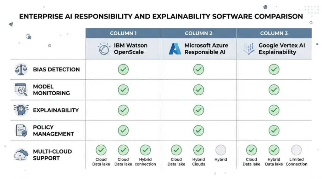 Comparison table of top AI governance tools and platforms for enterprise use including IBM OpenScale, Microsoft Responsible AI, and Google Vertex AI