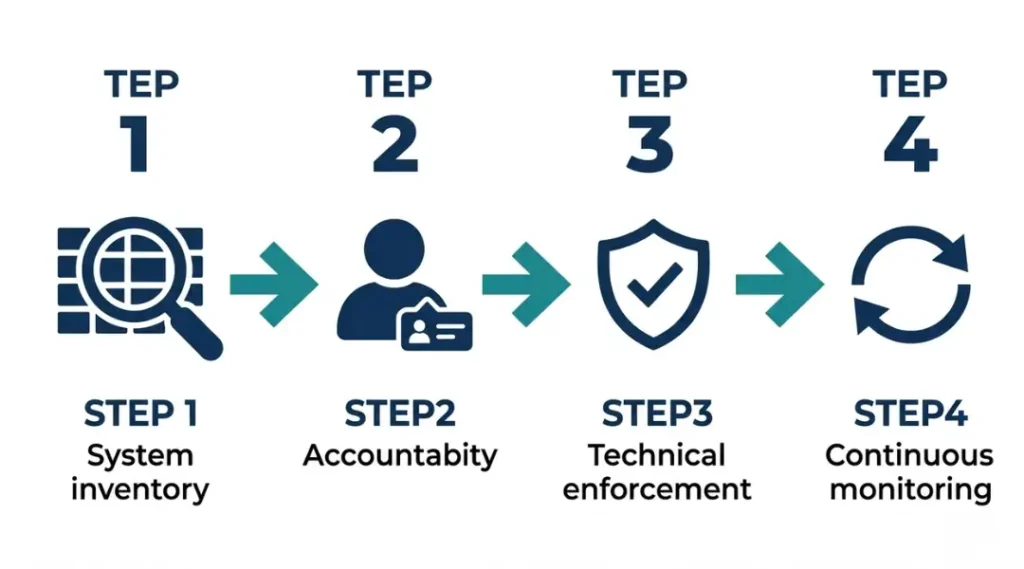 Step-by-step AI governance implementation process diagram for enterprise organizations