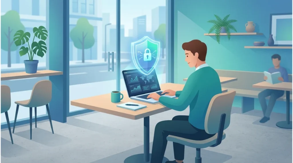 Person using a laptop on public Wi-Fi with a VPN shield icon protecting the connection, representing best free VPN 2026