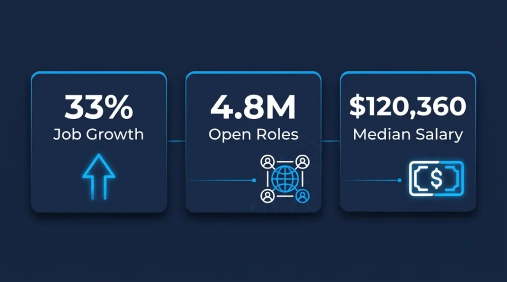 Infographic showing cybersecurity job growth rate, global workforce gap numbers, and median salary figures for 2026
