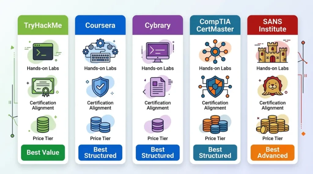 Comparison graphic showing TryHackMe, Coursera, Cybrary, CompTIA CertMaster, and SANS Institute side by side with key feature labels