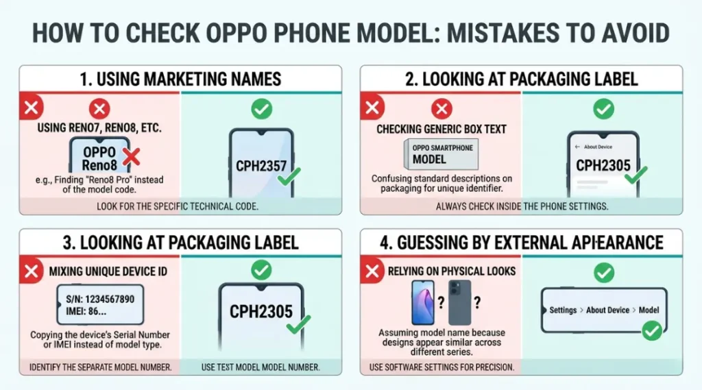 Warning infographic showing four common mistakes when checking OPPO phone model number and the correct approach for each