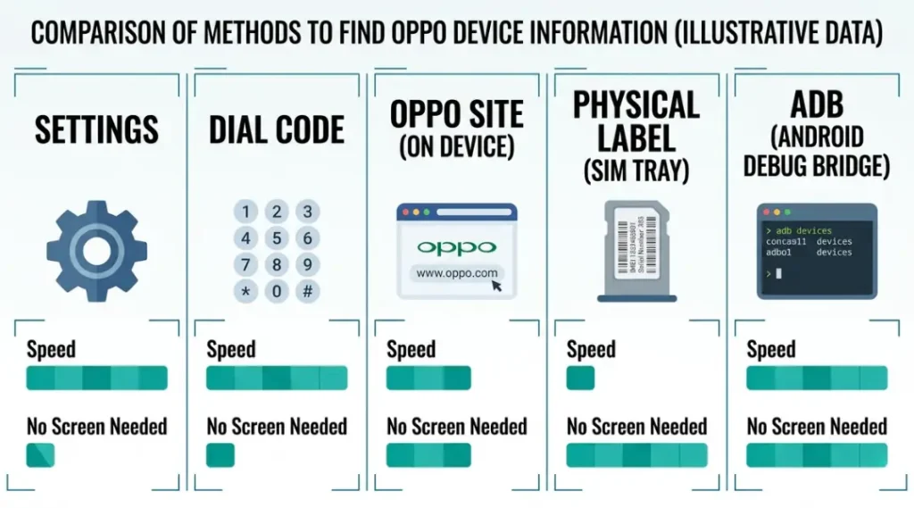 Comparison infographic of five methods to check OPPO phone model number, showing speed, requirements, and best use case for each