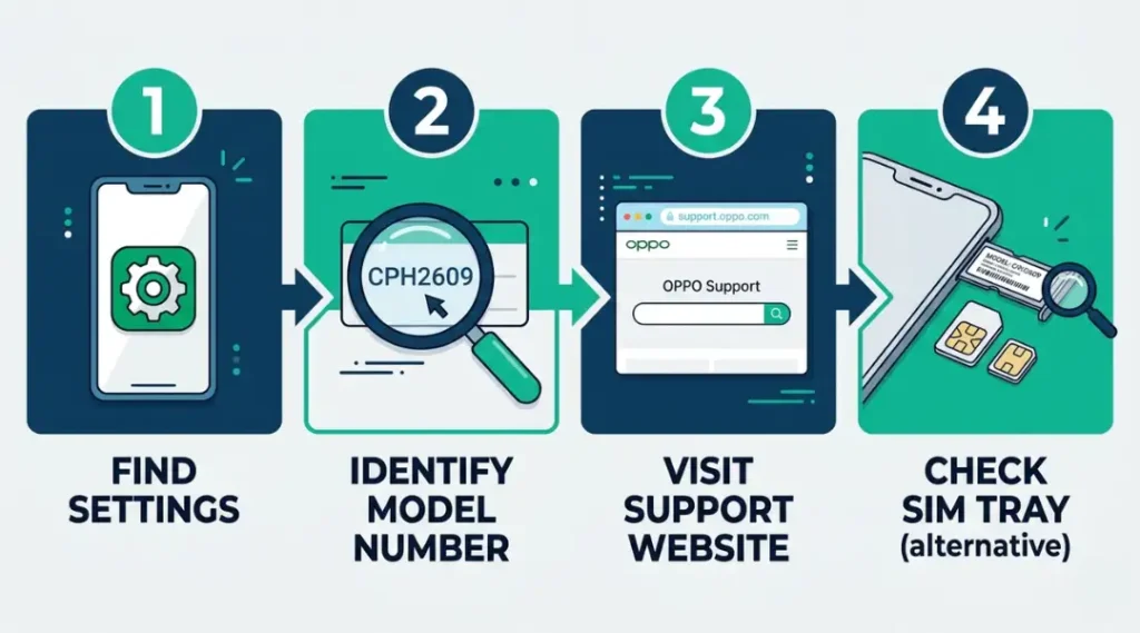 Step-by-step process diagram for checking OPPO phone model number using Settings, dial code, OPPO support site, and physical label