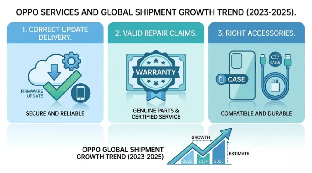 Infographic showing why OPPO model numbers matter for firmware updates, warranty claims, and accessory compatibility in 2026