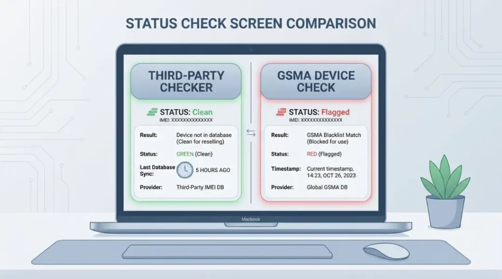 comparison of blacklist check results between third-party tool and GSMA database