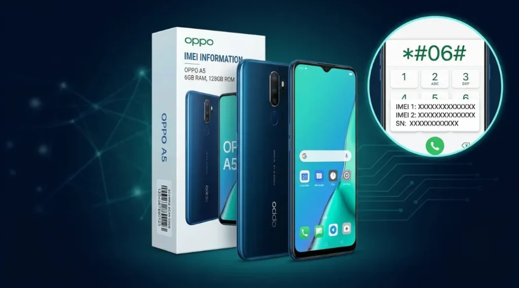 OPPO A5 IMEI number displayed using the phone dial code
