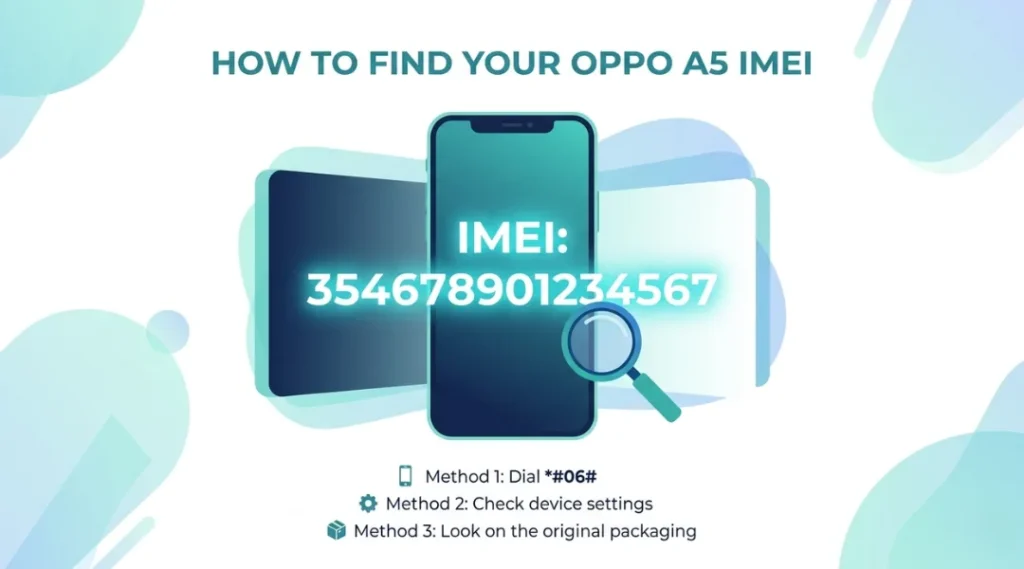 Oppo A5 smartphone displaying IMEI number on screen with step-by-step check guide