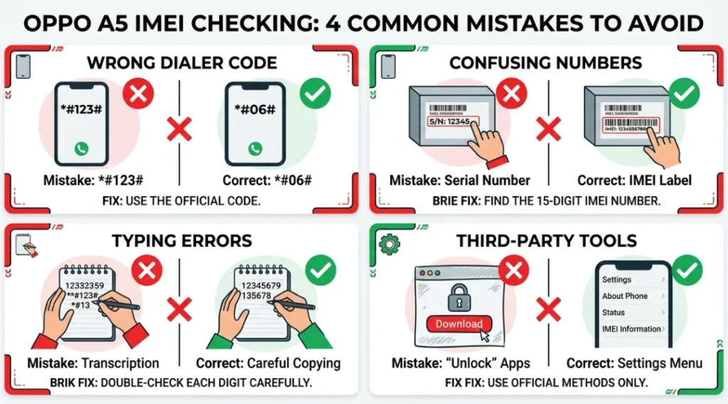 Infographic showing four common mistakes when checking an Oppo A5 IMEI number and how to fix them
