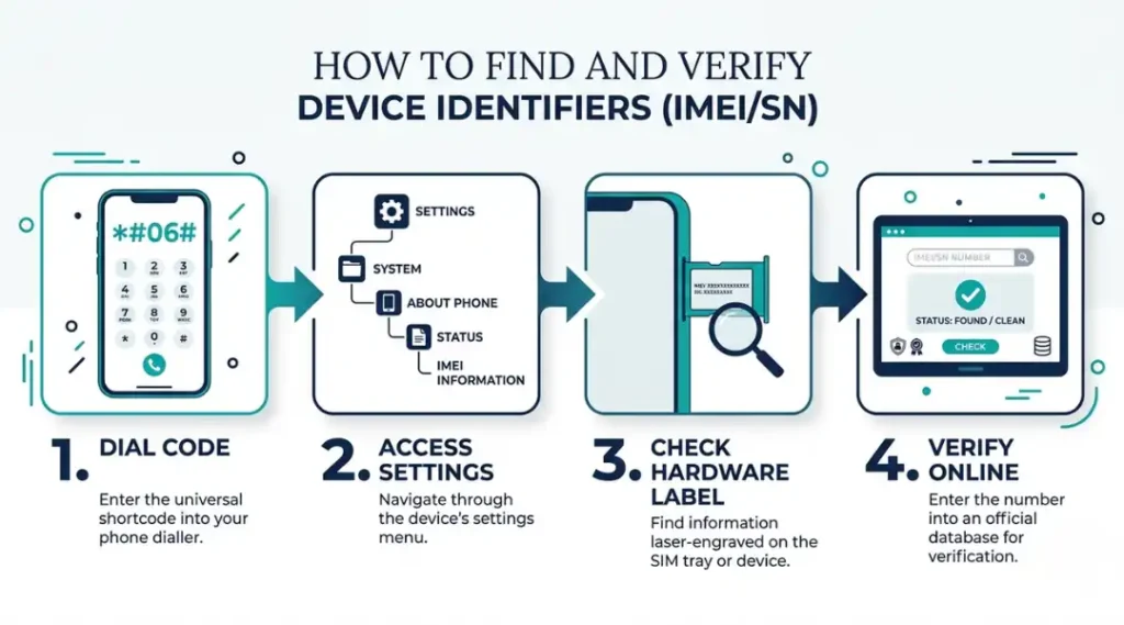 Step-by-step infographic showing four methods to find the Oppo A5 IMEI number