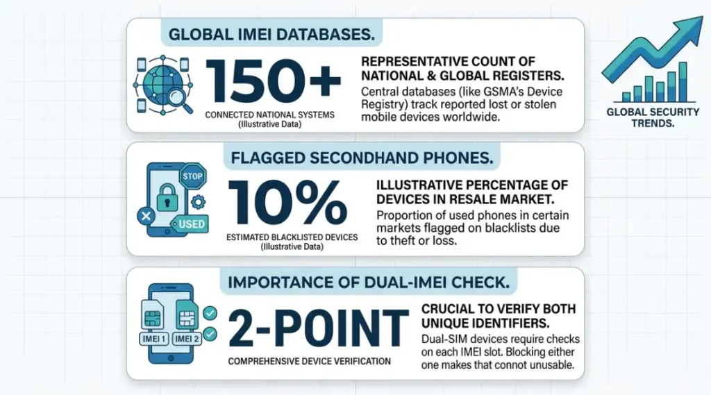 Infographic showing why checking an Oppo A5 IMEI number matters in 2026 with data points