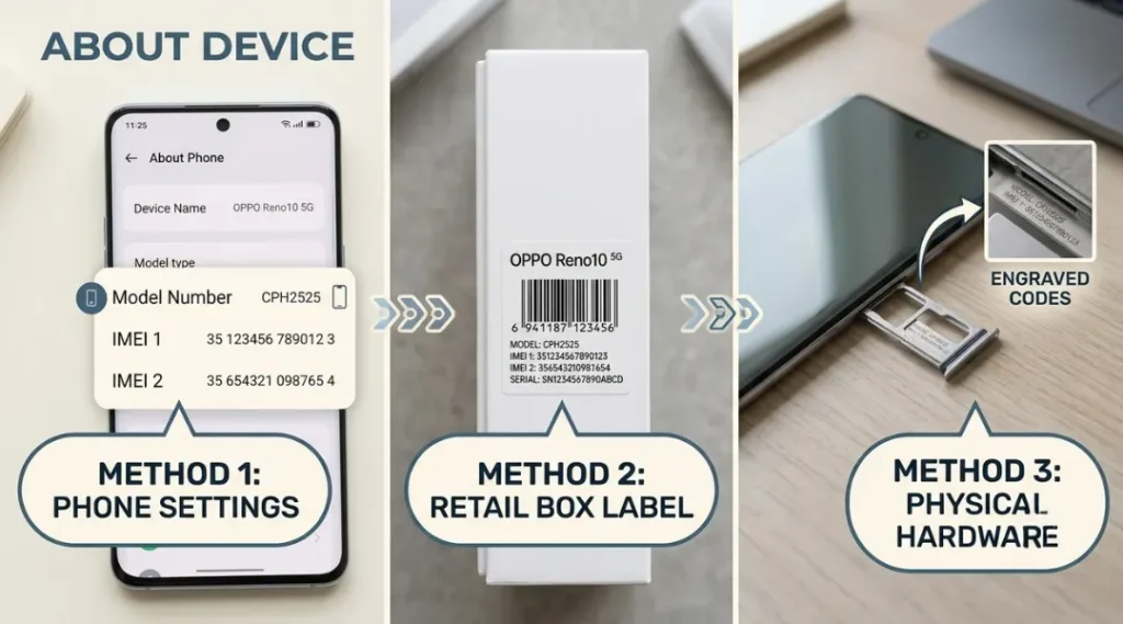 Comparing OPPO model number sources: settings screen, box sticker, and SIM tray label