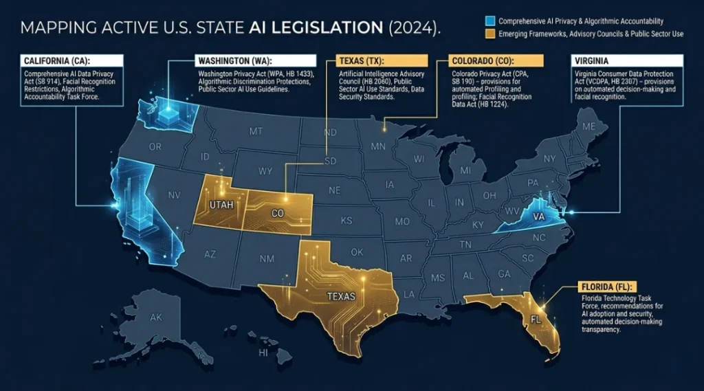 US state AI laws map 2026 Colorado California Texas