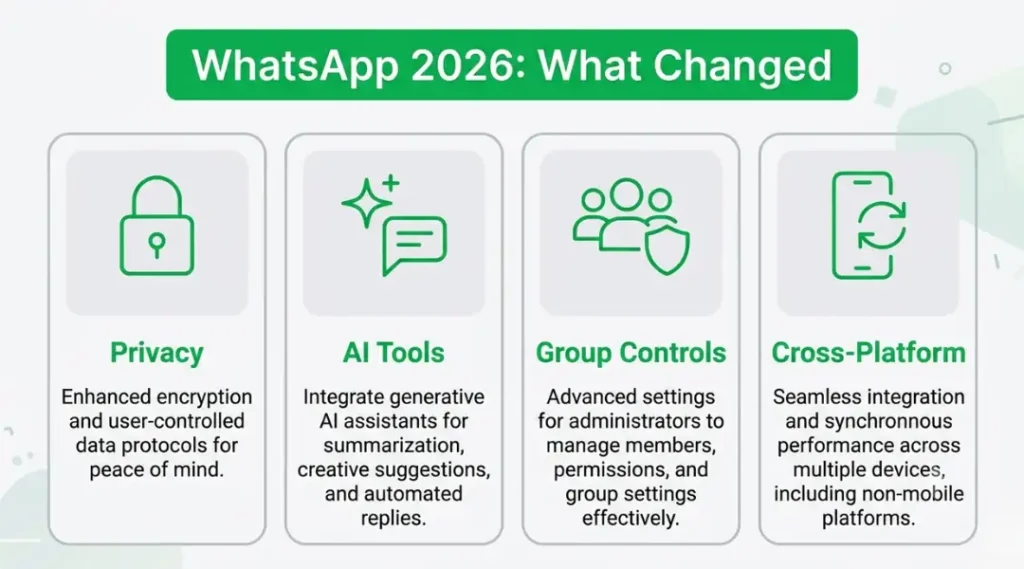 Infographic showing four categories of WhatsApp 2026 features: Privacy, AI Tools, Group Controls, and Cross-Platform