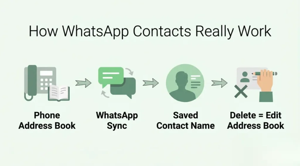 Infographic explaining how WhatsApp contacts sync with a phone's address book