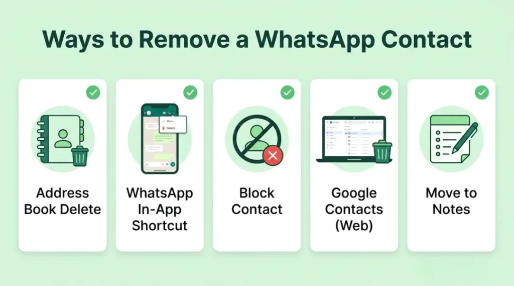 Comparison graphic of five ways to remove or restrict a WhatsApp contact
