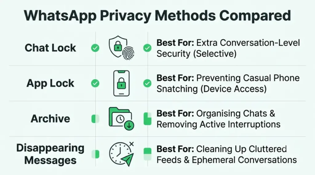Comparison infographic showing Chat Lock, App Lock, Archive, and Disappearing Messages as WhatsApp privacy options