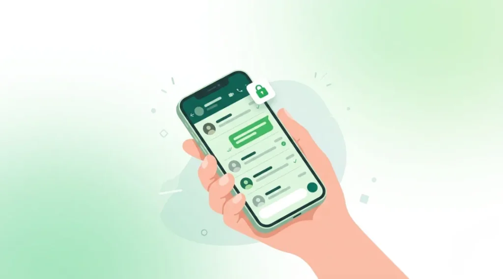 Smartphone screen showing the WhatsApp app interface with chat and privacy icons