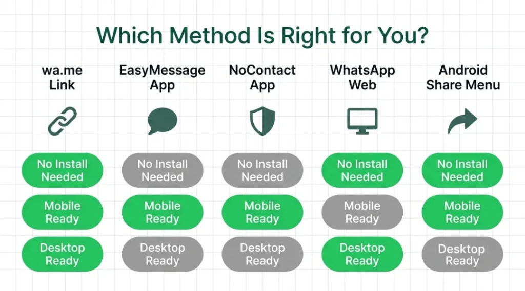 Comparison of methods to message on WhatsApp without saving number including wa.me link, EasyMessage app, NoContact app, and WhatsApp Web