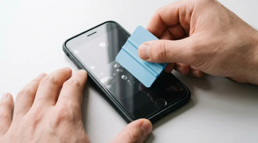Person using a squeegee to apply a new screen protector without air bubbles