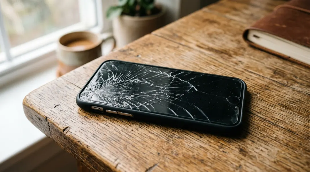 Close-up of a smartphone with how to fix broken screen protector showing spider-web pattern