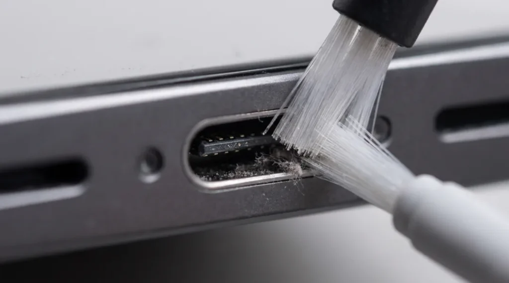 Close-up of a soft brush cleaning lint and dust out of a smartphone charging port