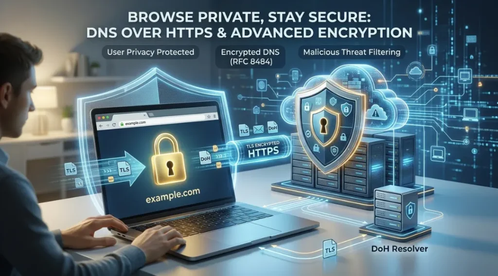 DNS over HTTPS improves online privacy by encrypting DNS traffic