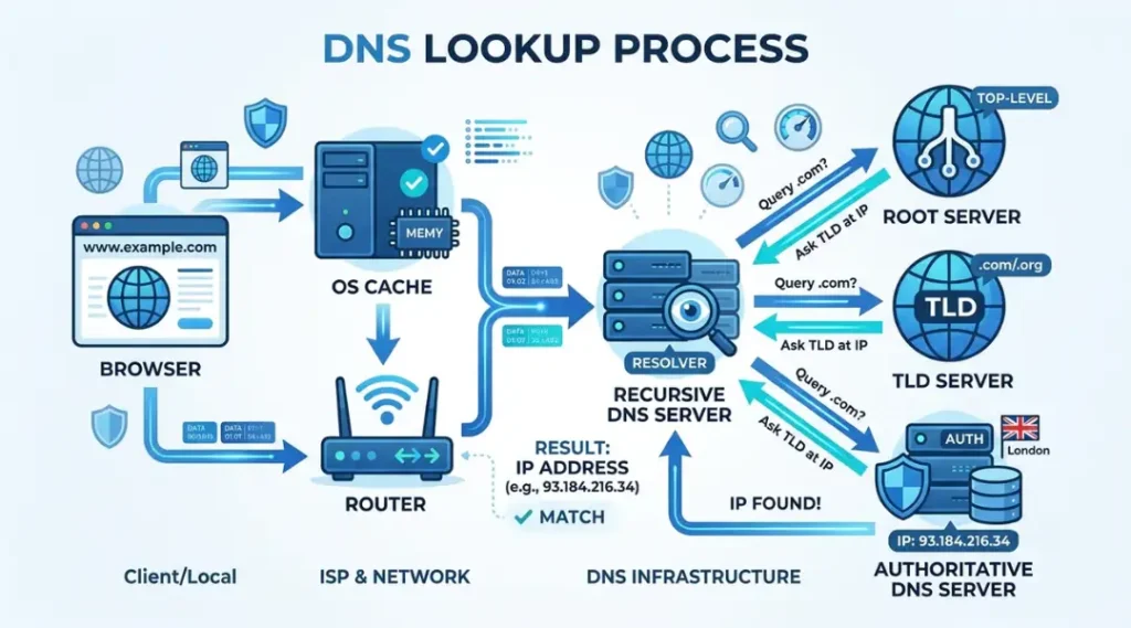 DNS resolution process from browser to DNS server