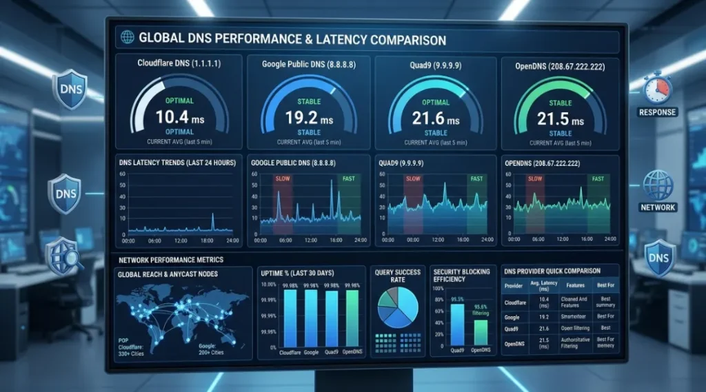 DNS speed comparison between Cloudflare, Google DNS, Quad9 and OpenDNS