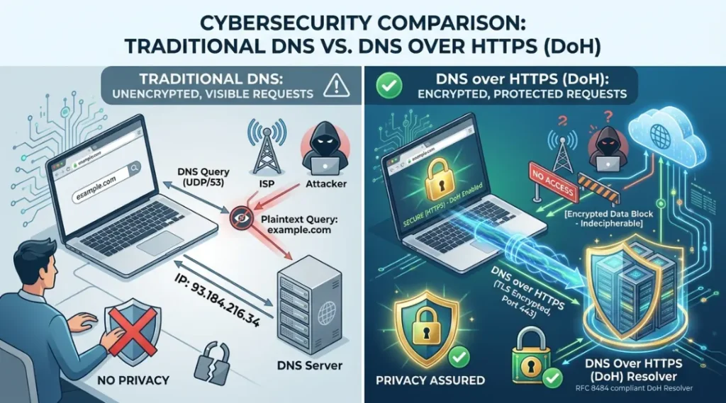 Comparison between traditional DNS and DNS over HTTPS security features