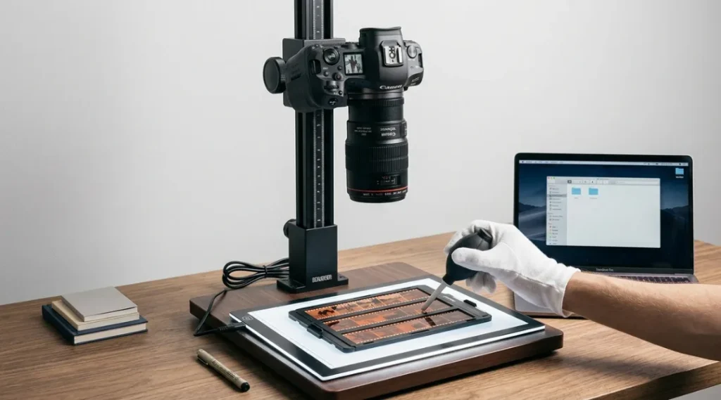 DSLR camera mounted on a copy stand scanning film negatives over a light pad
