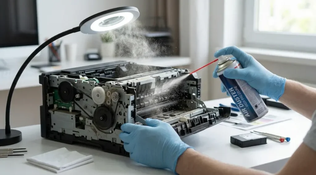 Compressed air being used to clean dust from a printer's internal paper path