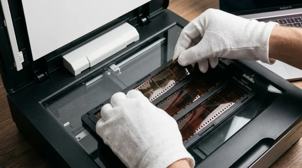 Loading a 35mm negative strip into a flatbed scanner film holder