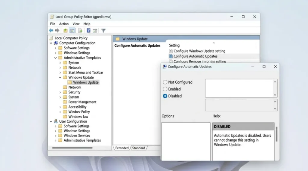 Group Policy Editor window showing the Configure Automatic Updates setting for Windows Update