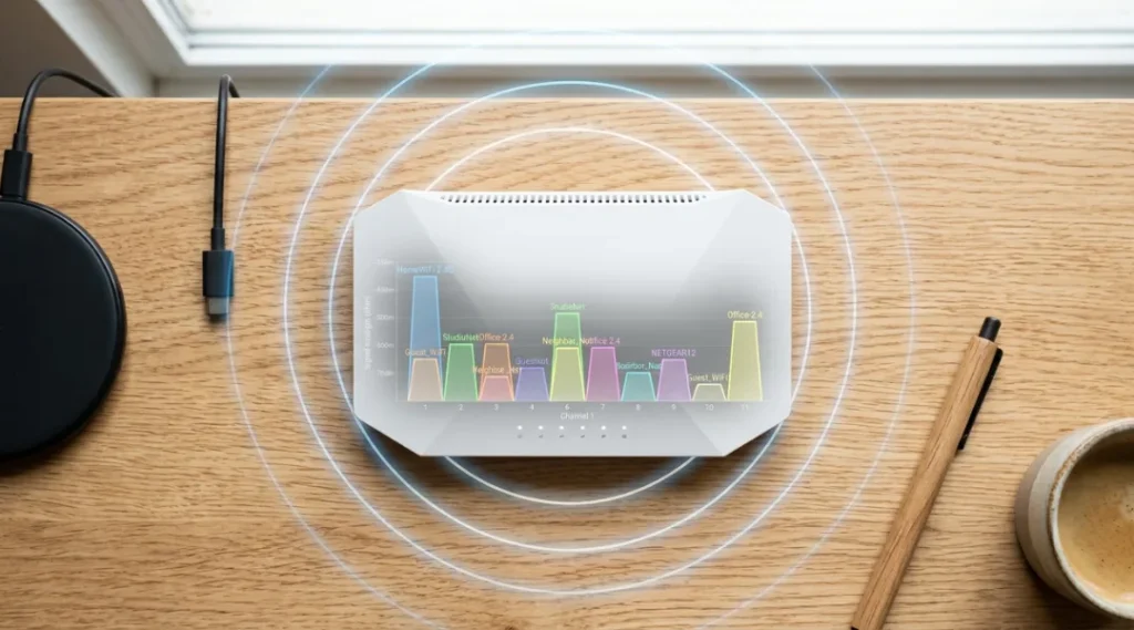 Modern home WiFi router placed in an open living room location for optimal signal coverage