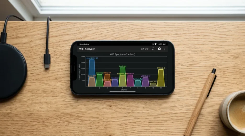 Smartphone screen showing a how to change wifi channel app scanning nearby networks and channel congestion